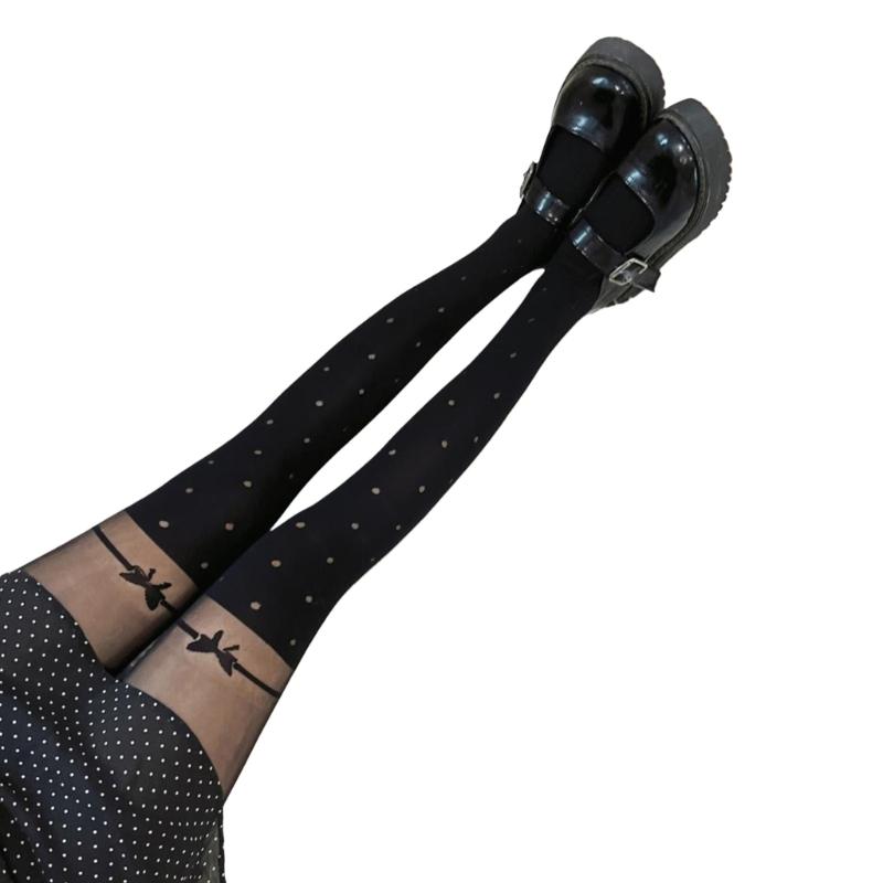 Women Jacquard Pattern Patchwork Mock Suspender Tights Sexy Faux Thigh High Socks JK Girls Black Pantyhose Stockings