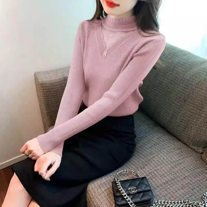 Turtleneck Hollow-out Lace Trim Knitwear Long Sleeve Spring Autumn Versatile Fashion Outer Wear Base Layer Top