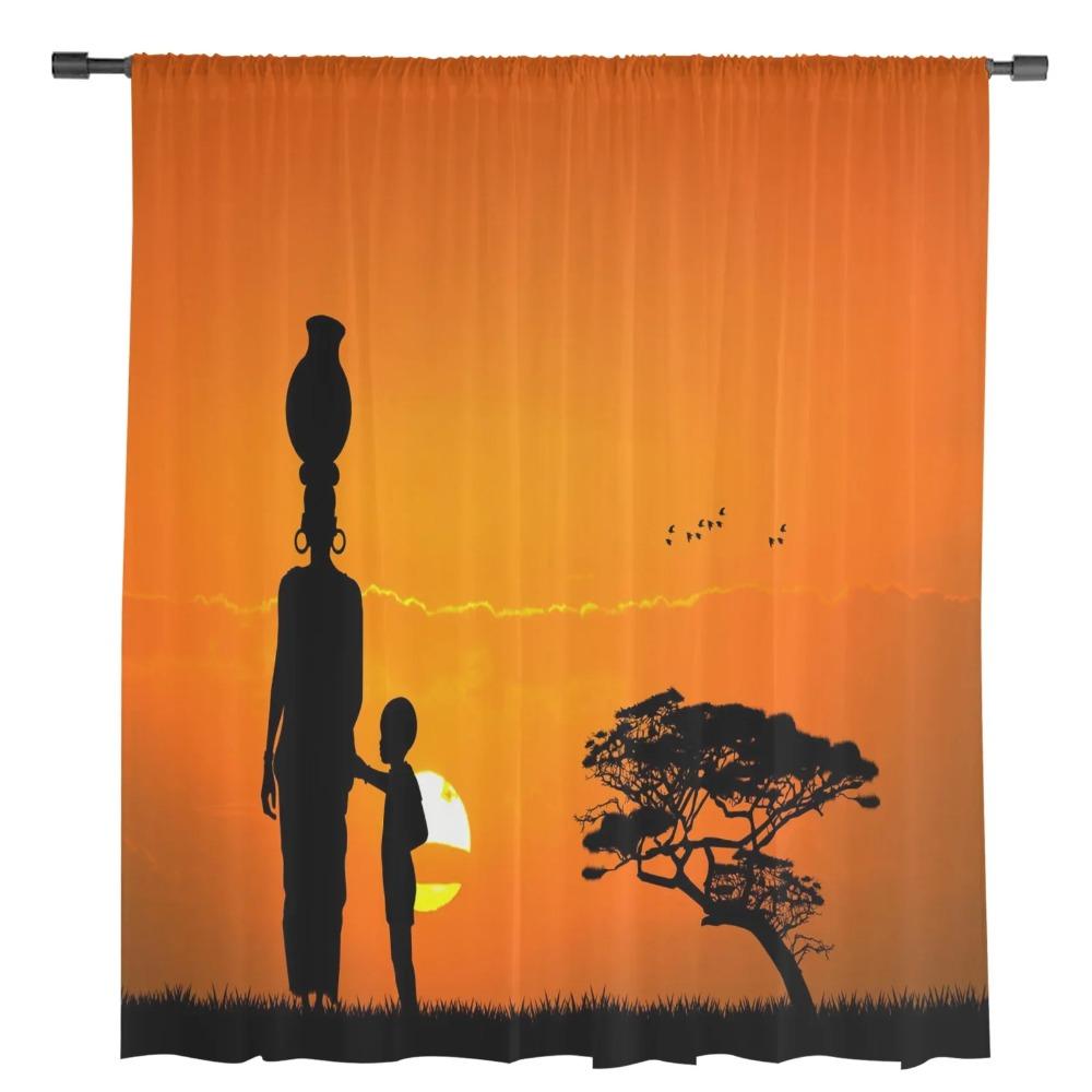Sunset African Woman Child Tree Silhouettes Tulle Sheer Curtains for Living Room Bedroom Window Curtain Voile Organza Drapes