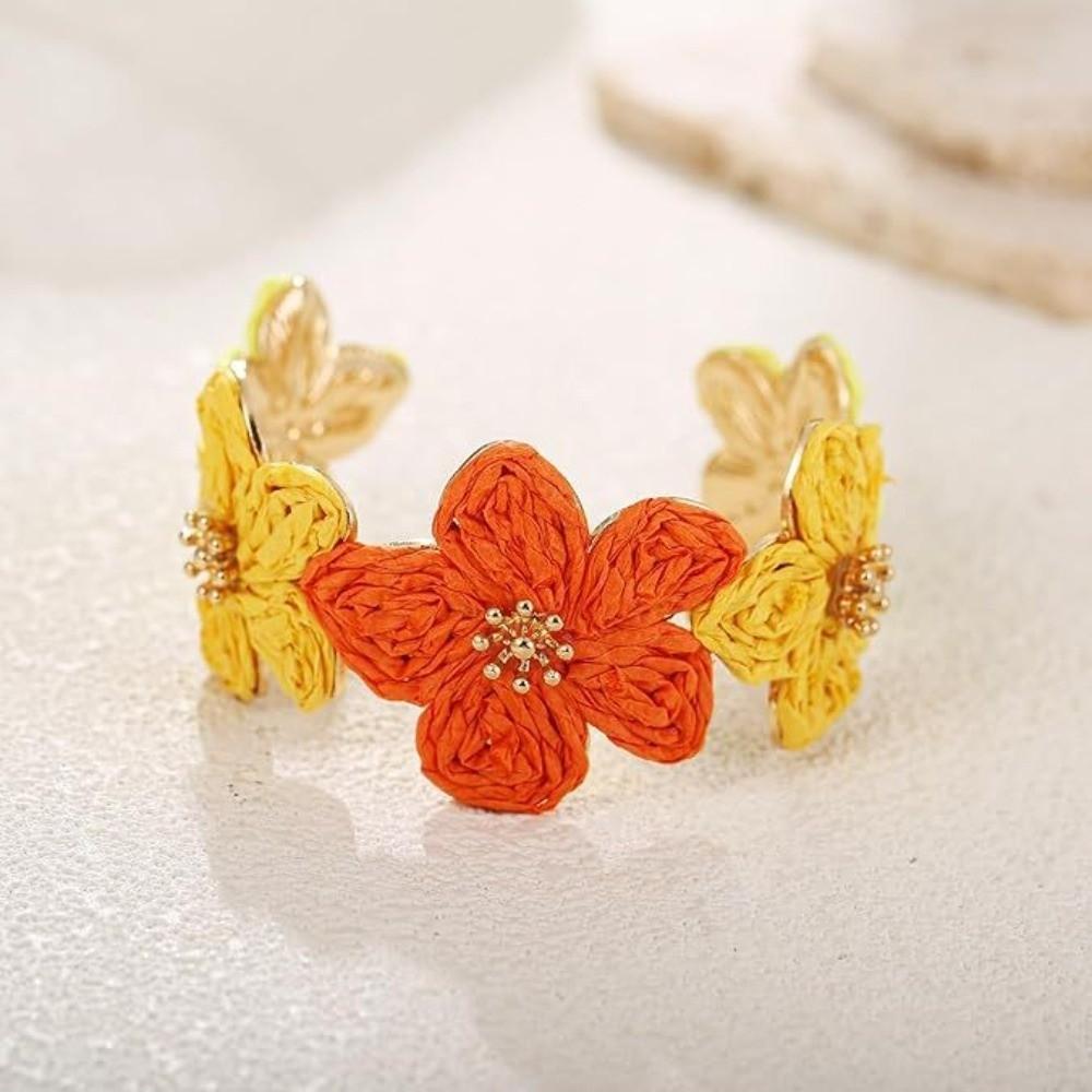 C-shaped Woven Flower Bangle Vintage Hand Ring Retro Raffia Grass Bracelet Daily