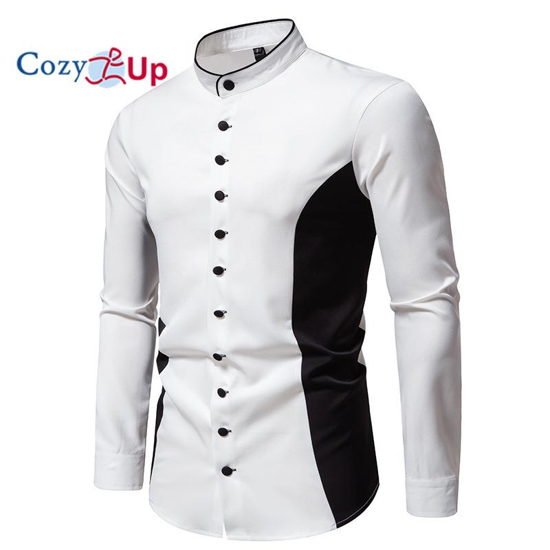 Cozy Up Мужская классическая рубашка с воротником-стойкой, новая лоскутная рубашка с длинным рукавом, мужская деловая повседневная рубашка-смокинг в социальном стиле 2XL