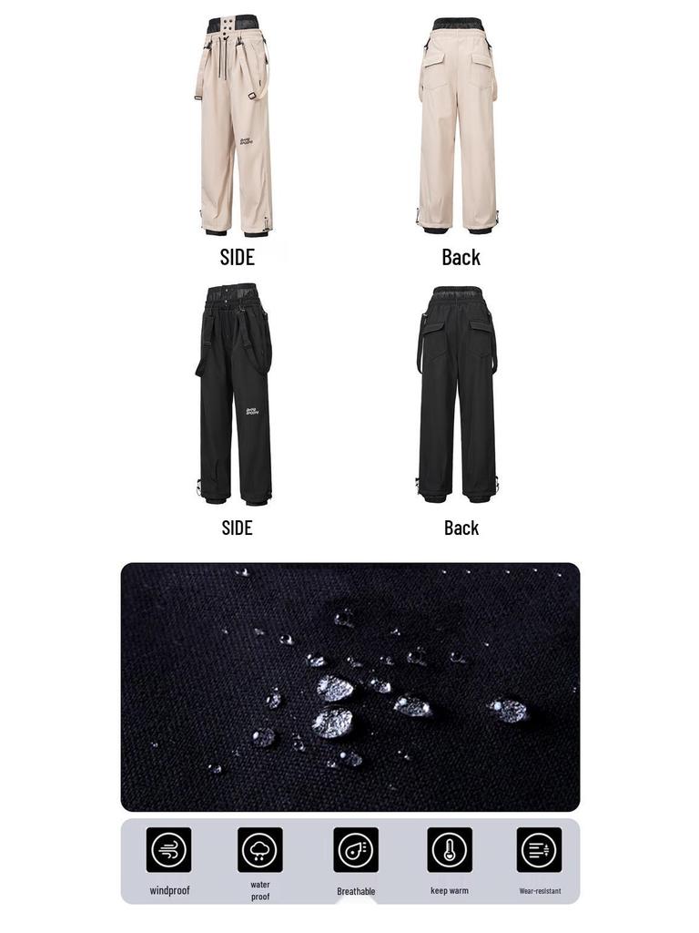 Водонепроницаемые ветрозащитные горнолыжные брюки со съемными лямками - Унисекс, однотонная снегозащитная одежда для катания на лыжах на открытом воздухе