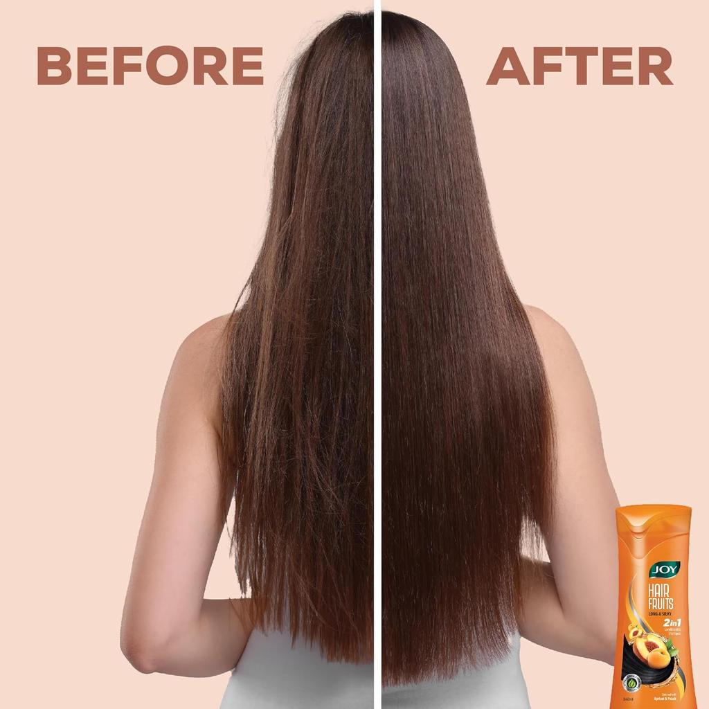 JOY Шампунь для кондиционирования волос Hair Fruits Long & Silky Абрикос и Персик 340 мл | Мягкие Блестящие Волосы, Увлажняющий и Питательный