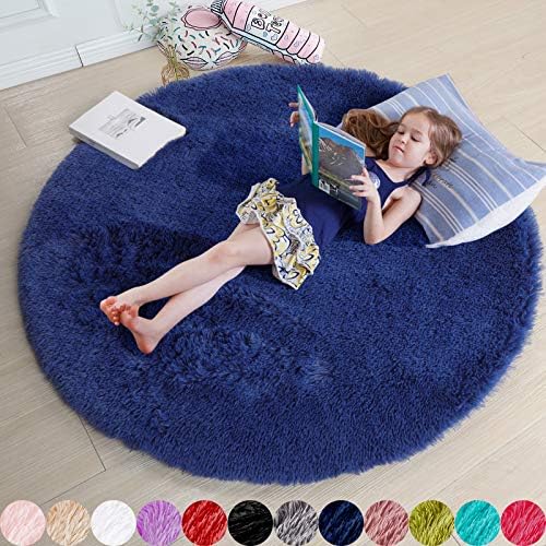 Blue Round Rug for Kids Room, Bedroom, Living Room, Washable Fluffy Shaggy Area Rug, Aesthetic Decor, 120cm