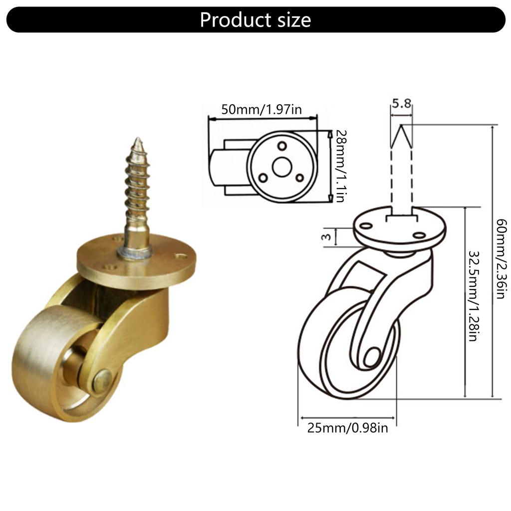 2 шт. Сверхпрочные латунные колеса-ролики с поворотом на 360 градусов, бесшумные мебельные ролики для защиты пола и ковра
