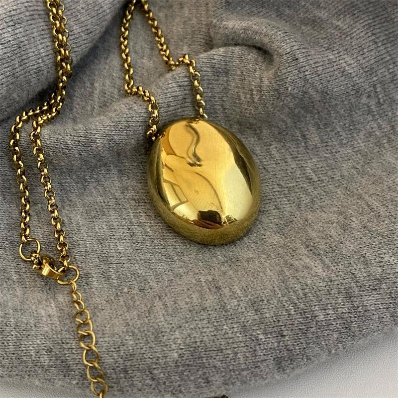 Stainless Steel Egg Shape Pendent Neckalce for Women Men Metal Large Oval Water Drop Sweater Chain Long Necklace Elegent Jewelry