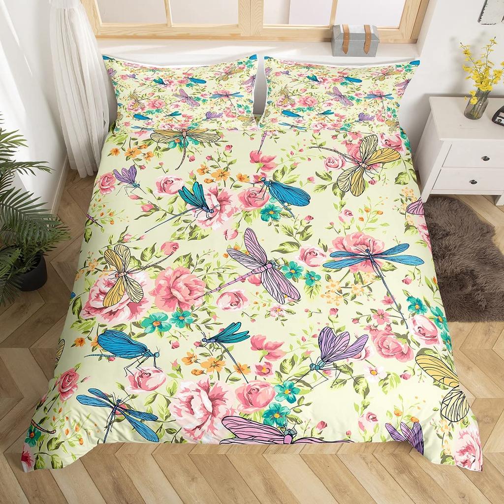 Пододеяльник Boho Dragonfly King Queen с милым цветочным принтом и сердечком из полиэстера в деревенском стиле с акварельными цветами