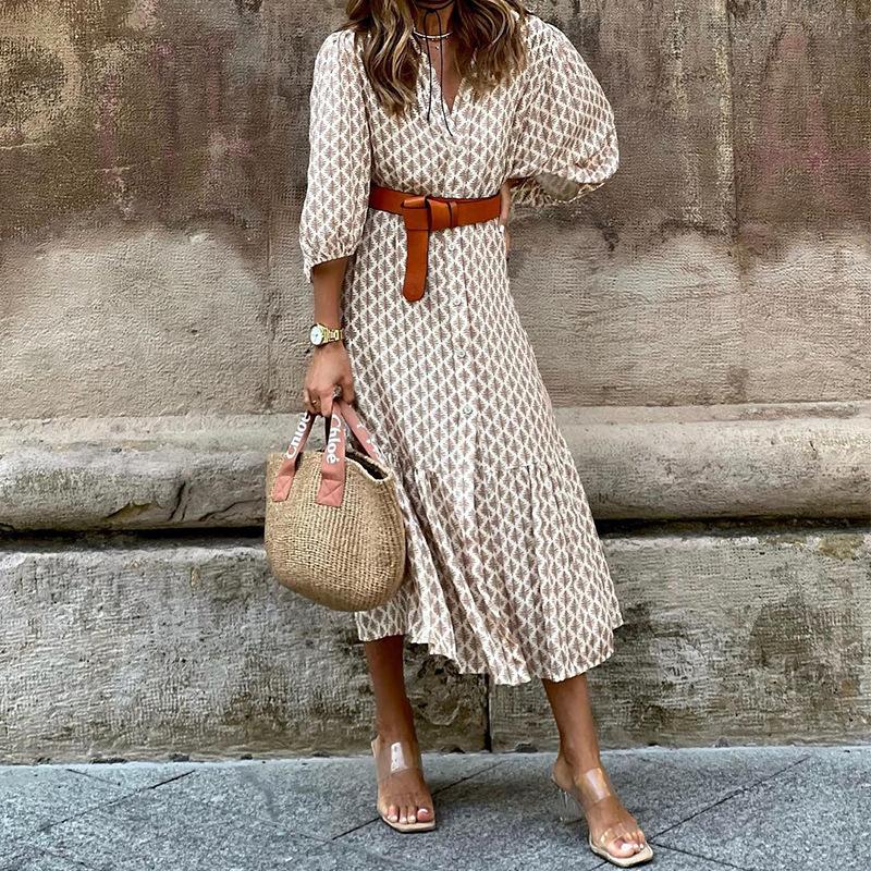 QICED Осенне-зимнее модное длинное платье с v-образным вырезом и принтом на поясе