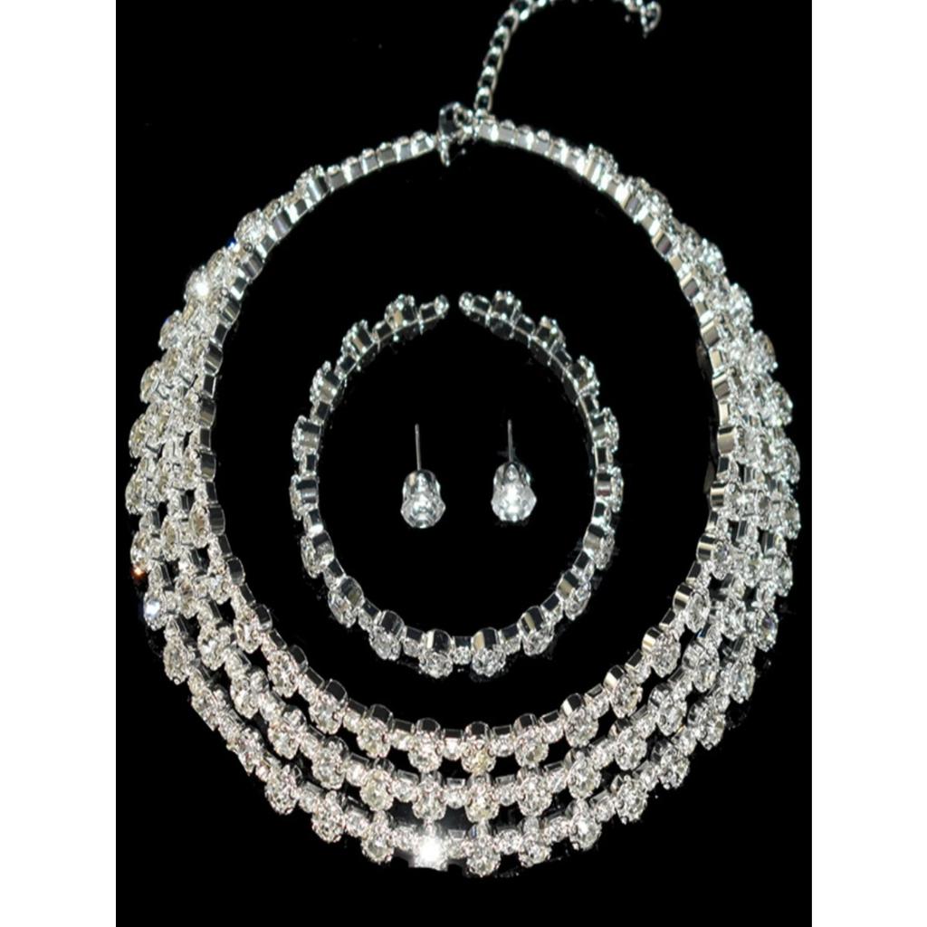 4-piece Women's Jewelry Set with Rhinestones, Multi-layer Collars, Earrings, Bracelets, Wedding Party Accessories