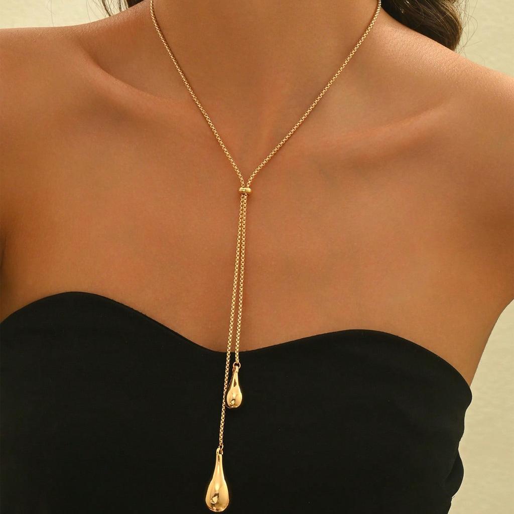 Golden Water Drop Pendant Alloy Necklace, a Cold and Elegant, Light Luxury and Niche Sweater Chain for Women