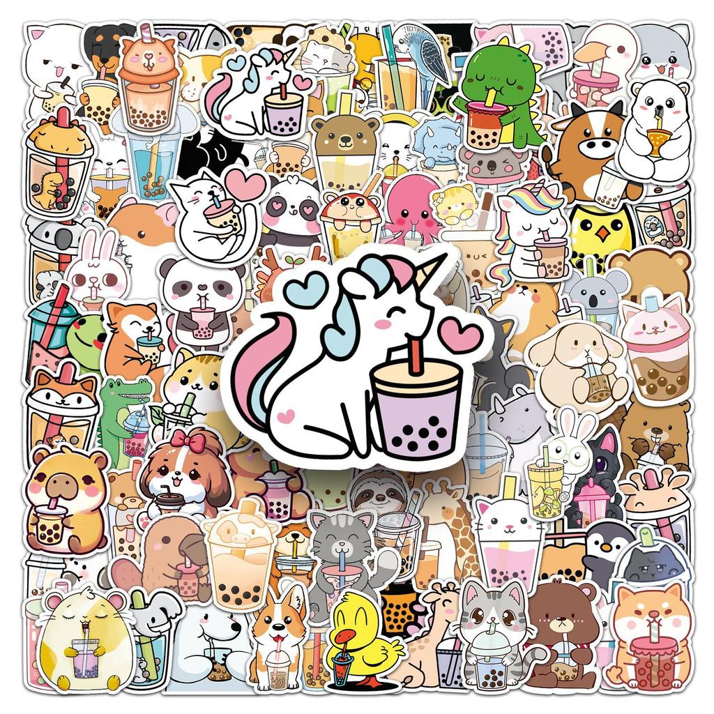 100 Pet Milk Tea Graffiti Stickers Cartoon Cute Animal Gum Creative Water Cup Mobile Suitcase Stickers