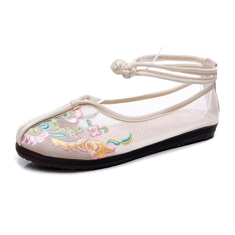 Fashion Round Toe Lace-up Flowers Designer Shoes Summer Mesh Breathable Handmade Embroidered Flats Elegant Comfort Non-slip Flat Sandals