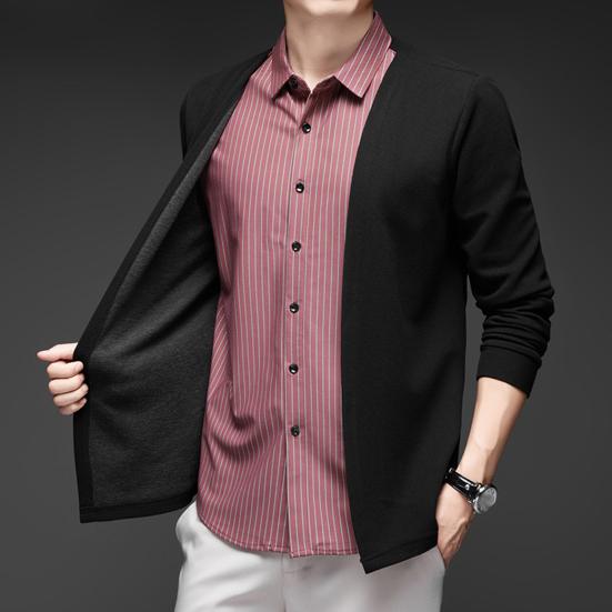 Мужская рубашка, имитация двухкомпонентного кардигана с отложным воротником, однобортная, в полоску, с длинными рукавами, подходящего цвета, трикотажная, официальная