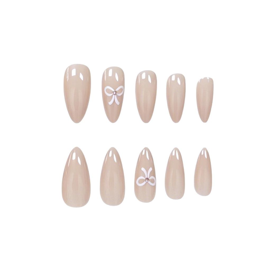 24 Pieces Of Manicure Ice Through Nude Gentle Bow Diamond Versatile Long Almond Wear Armor