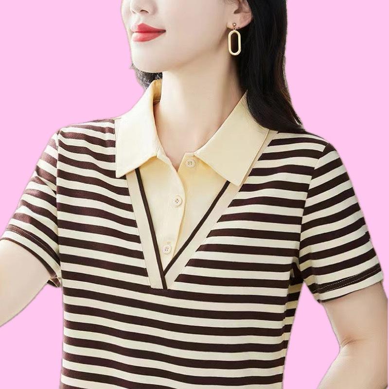 Striped Short-sleeved T-shirt Women's New Summer Large-size POLO Shirt with Lapel Loose Thin Top