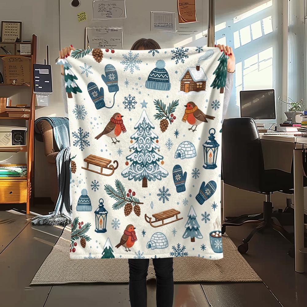 1Pc Cute Season Print Flannel Blanket, High quality Comfortable for All Seasons, Home Decor, Warmth and Comfort, Perfect for Christmas Gifts W50