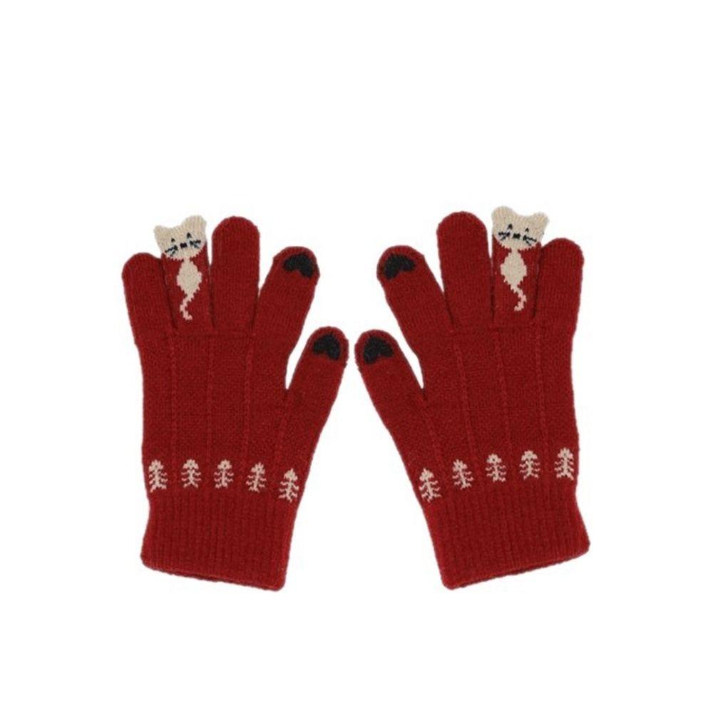 Warm Lining Winter Thermal Gloves Kitty Pattern Full Finger Gloves Nylon Knit Gloves Daily Wear