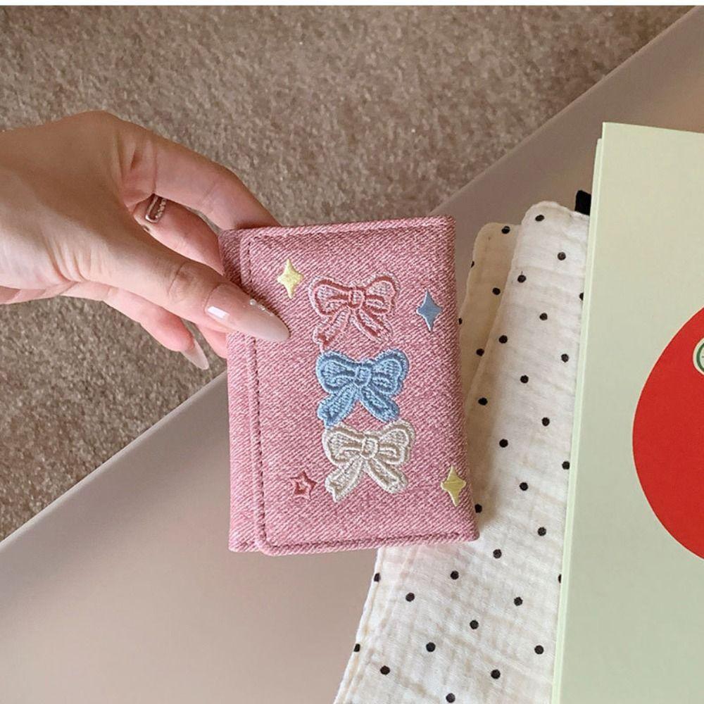PU Leather Denim Coin Purse Embroidery Leather Card Holder Versatile Three Fold Wallet Girls
