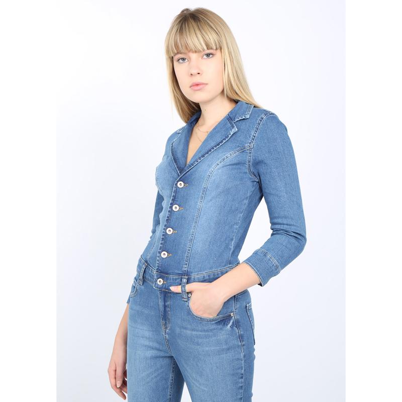 Women's Light Blue Jacket Collar Jean Jumpsuit Pants