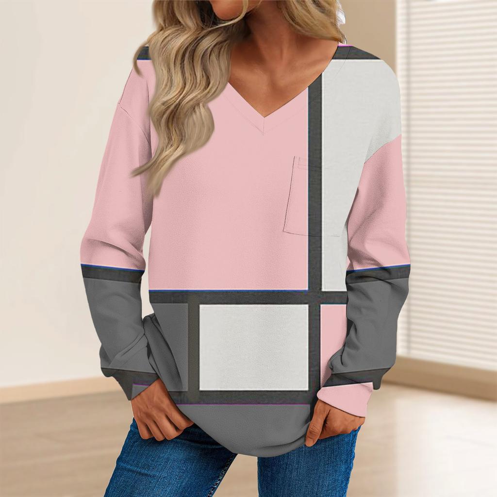 Женская мода повседневный свитер с длинным рукавом и принтом V-образным вырезом