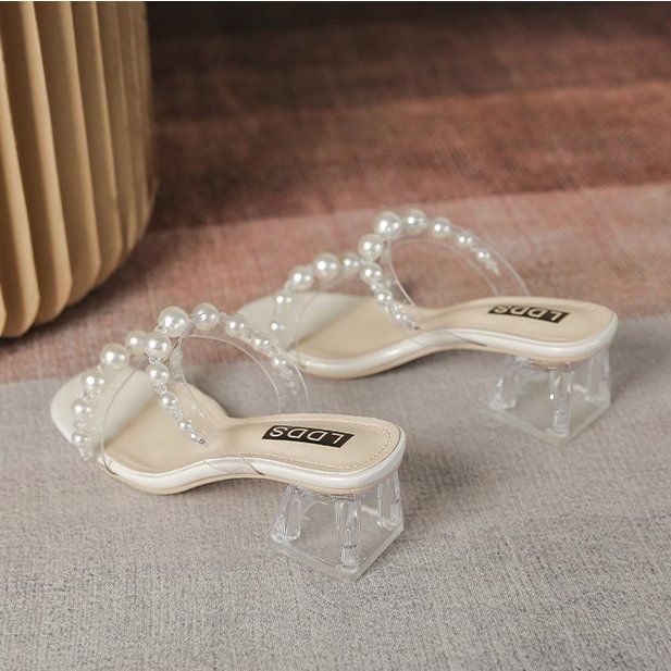 2025 Summer New Versatile Crystal Thick Heel High Heel Sandals Transparent Slippers Women's Rhinestone Pearl Outer One-word Drag