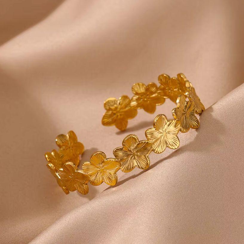 Vintage Flower Cuff Bracelet Bangle For Women Gold Color Flora Stainless Steel Bangles Casting Aesthetic Couple Wrist Jewelry