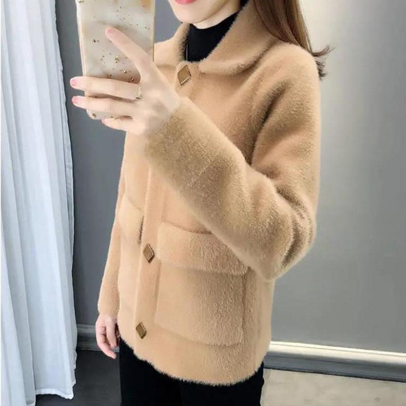 Fuzzy Cardigan Sweater for Women Imitation Mink Velvet Jacket Women Short Mohair Cardigan Lapel Knitted Cardigan Sweaters with Pockets