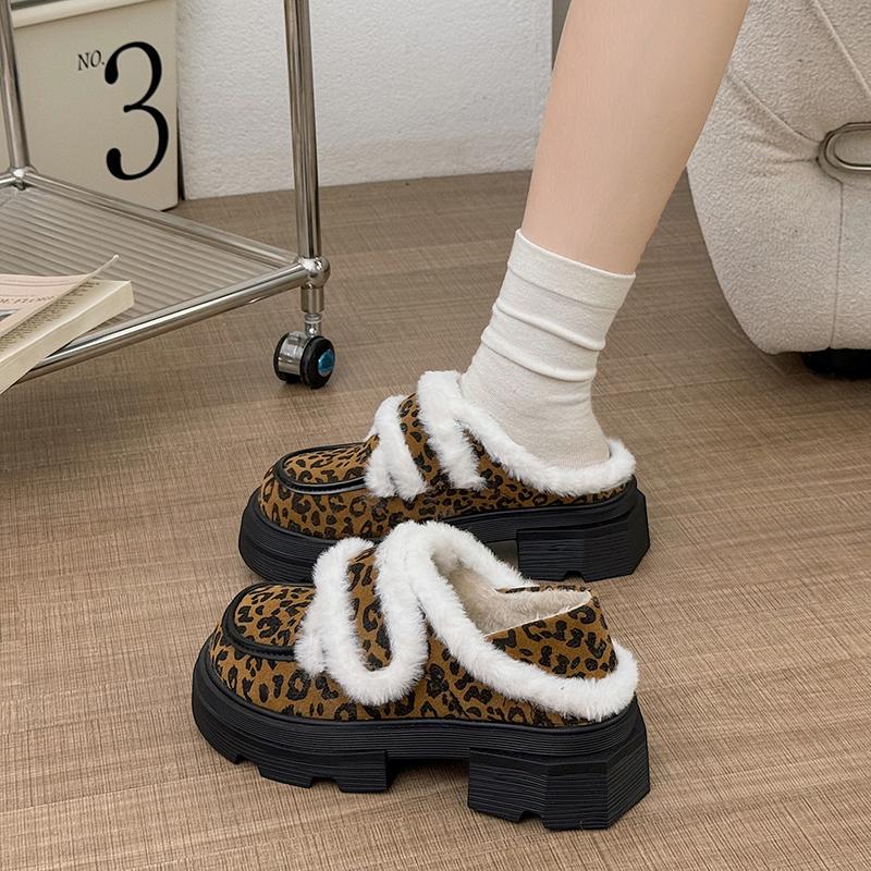 Женские мокасины с принтом на платформе и мехом, ботильоны на высоком каблуке, зима 2025, новые повседневные туфли на толстом каблуке, зимние ботинки-лодочки