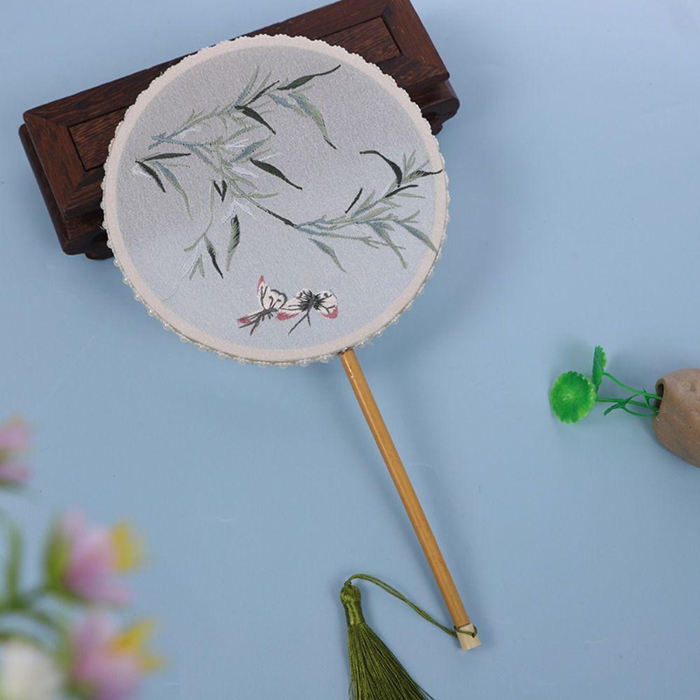 Классический круглый веер в китайском стиле, винтажный вышитый шелковый веер, двусторонний с кисточкой, ручной веер для женщин