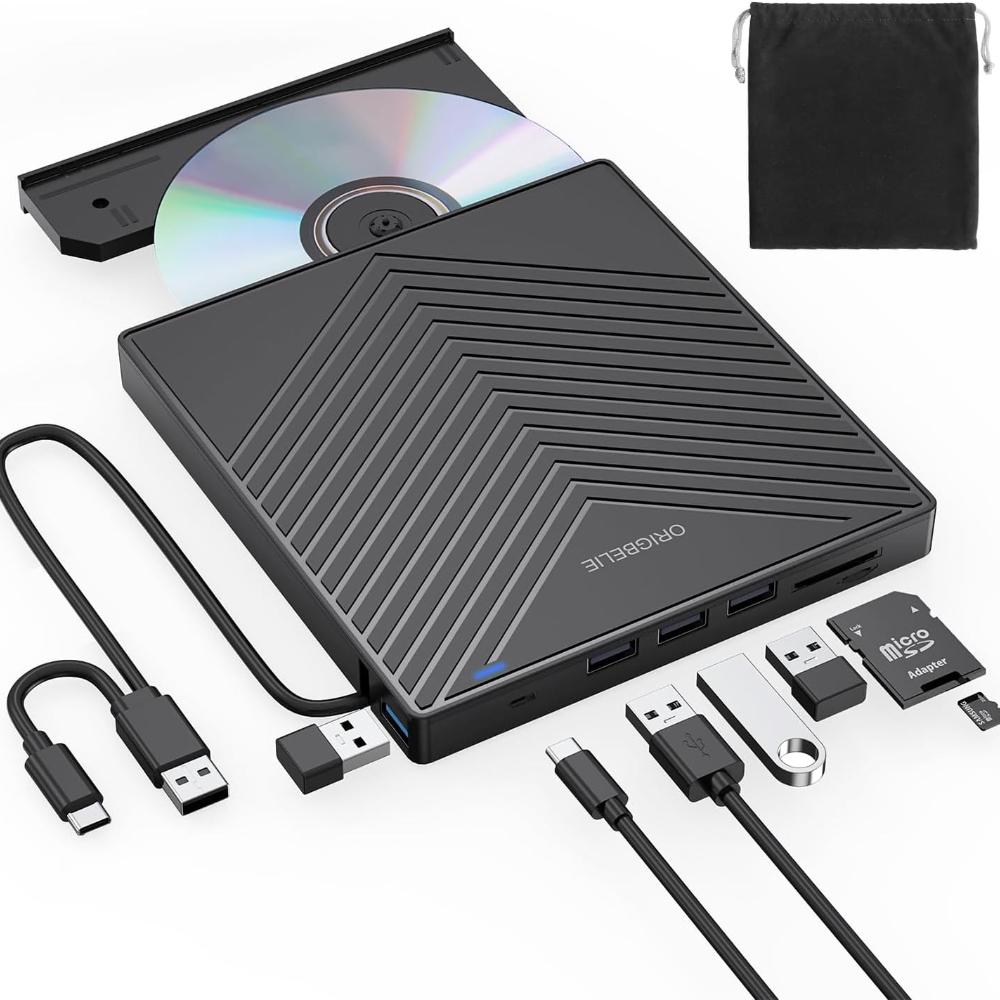 External CD DVD Player USB 3.0 with 4 USB Ports and 2 TF/SD Card Reader, External CD/DVD Drive for Laptop Windows 11/10/8/7/XP/Vista Linux Mac