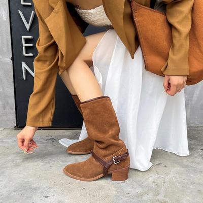 Женские ковбойские сапоги в западном стиле Осень/Зима 2025 – Замша Prairie Northwest, Универсальная носка, Наборный каблук.