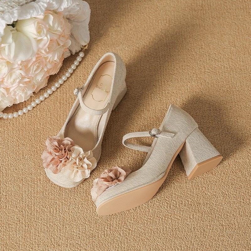 Mary Jane Shoes Women's 2025 New National Style Single Shoes Round Head with Sandals Women's Thick Heels Light Mouth High Heels Women