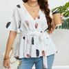 V-neck Floral Print Shirt for Women Tie Waist Ruffled Short Sleeve Wrap Peplum T-shirt Slim Breathable Lightweight Work Vacation Summer Shirt