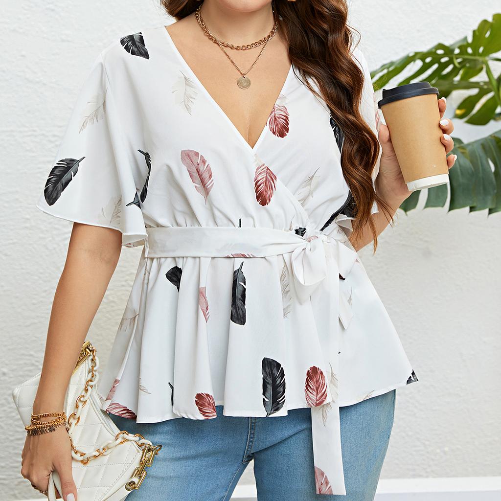 V-neck Floral Print Shirt for Women Tie Waist Ruffled Short Sleeve Wrap Peplum T-shirt Slim Breathable Lightweight Work Vacation Summer Shirt