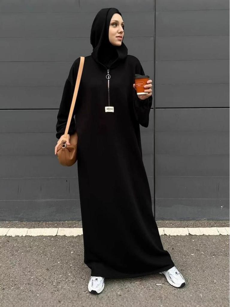 2025 Однотонное вязаное платье-худи с длинными рукавами