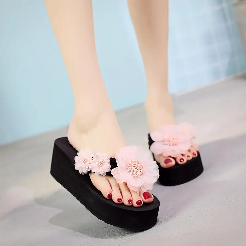 Slippers Women's Summer Fashion, Thick-soled High-heeled Sandals, Women's Seaside Beach Non-slip Flowers, Slope with Flip-flops