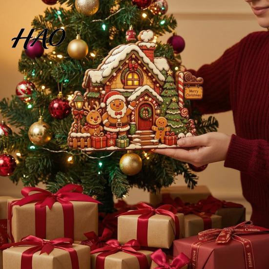 Handcrafted Wood Santa Decor Christmas Wooden House Ornament, Claus/Snowman/Elk Sleds/Winter Cabins Indoor Winter Cabin Ornaments Scene Figurines,