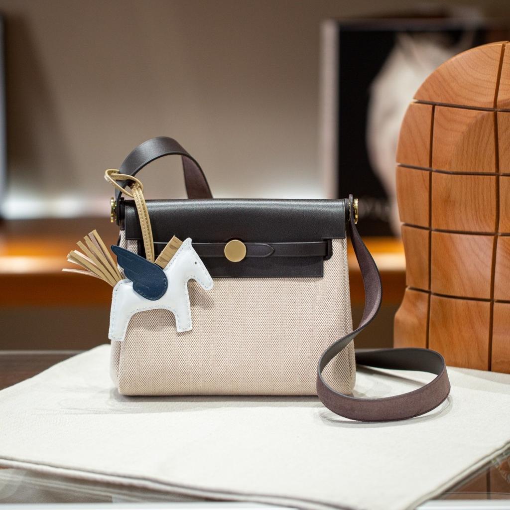 Herbag Mini Non-Buckle Hardware Canvas Stitched Cowhide Womens Bag Fashion High-Grade Texture Single Strap Shoulder Bag