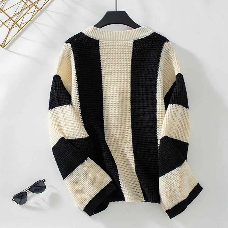 Plus Size Women's Fashion Knitwear Autumn and Winter Striped Clashing Colours Loose Flared Sleeve Sweater Knitted Cardigan