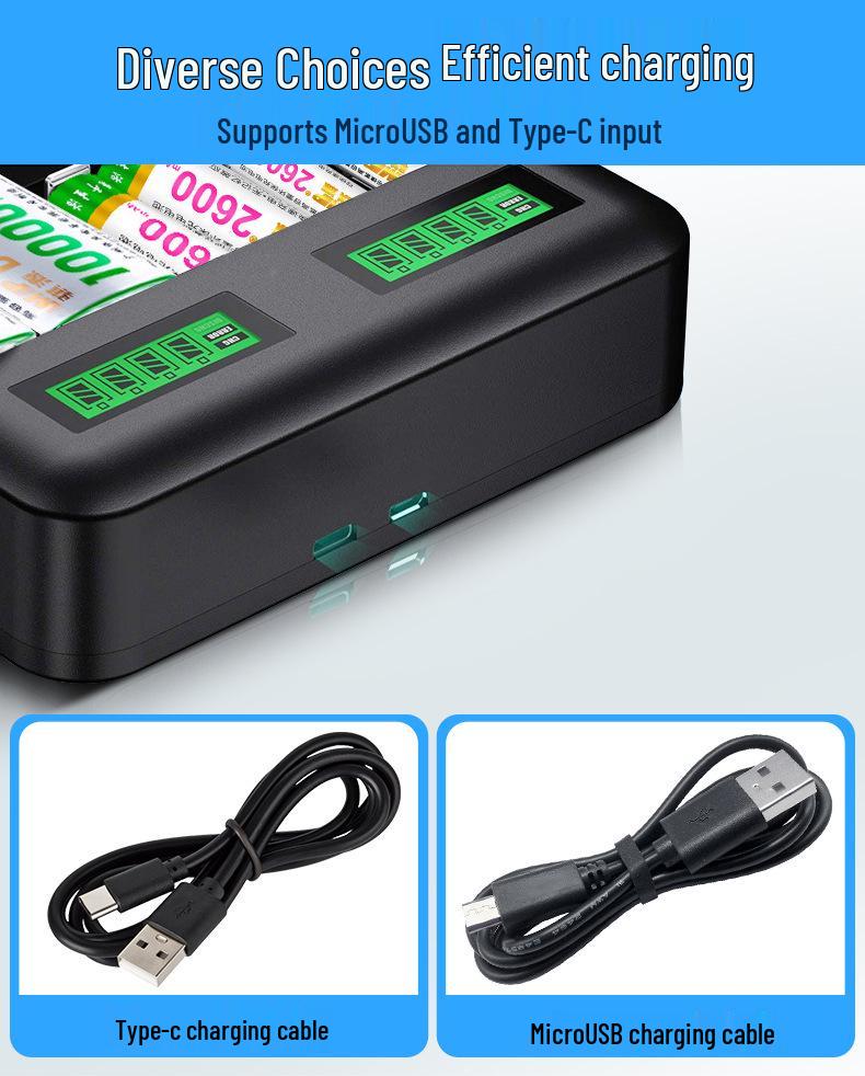Eight-Slot USB LCD Universal Charger for AA/AAA/C/D Ni-MH Batteries with Type-C Charging