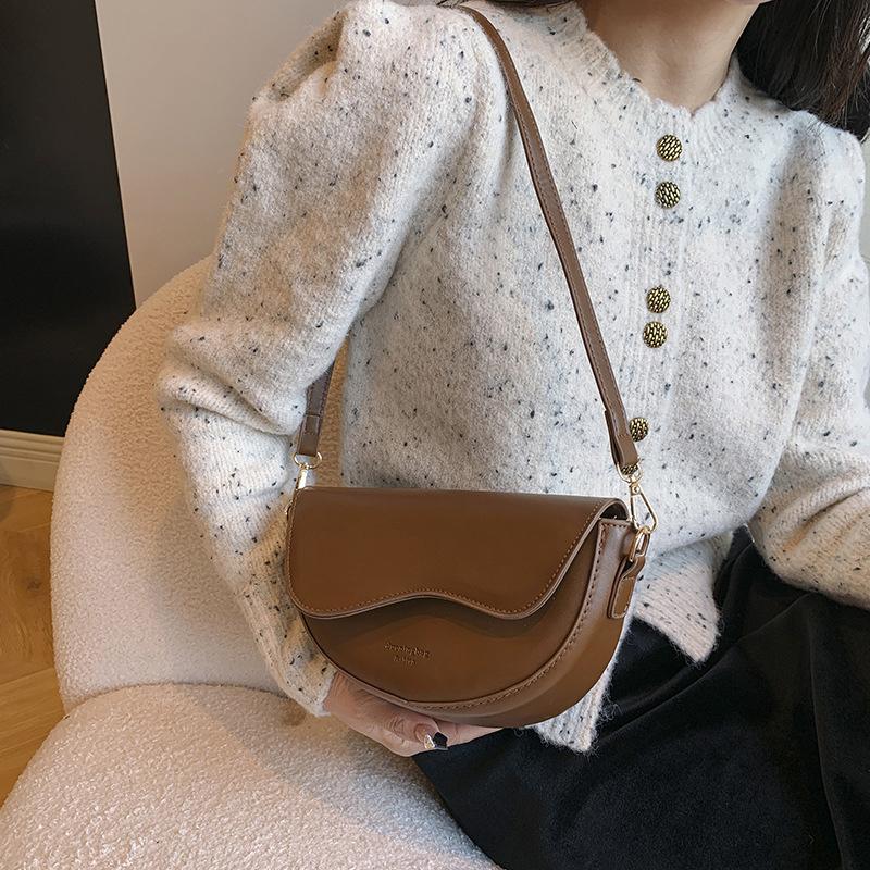 Women's Bag Vintage Solid Color Flap Small Saddle Shoulder Underarm Bag Fashion PU Leather Wide Strap Crossbody Bag