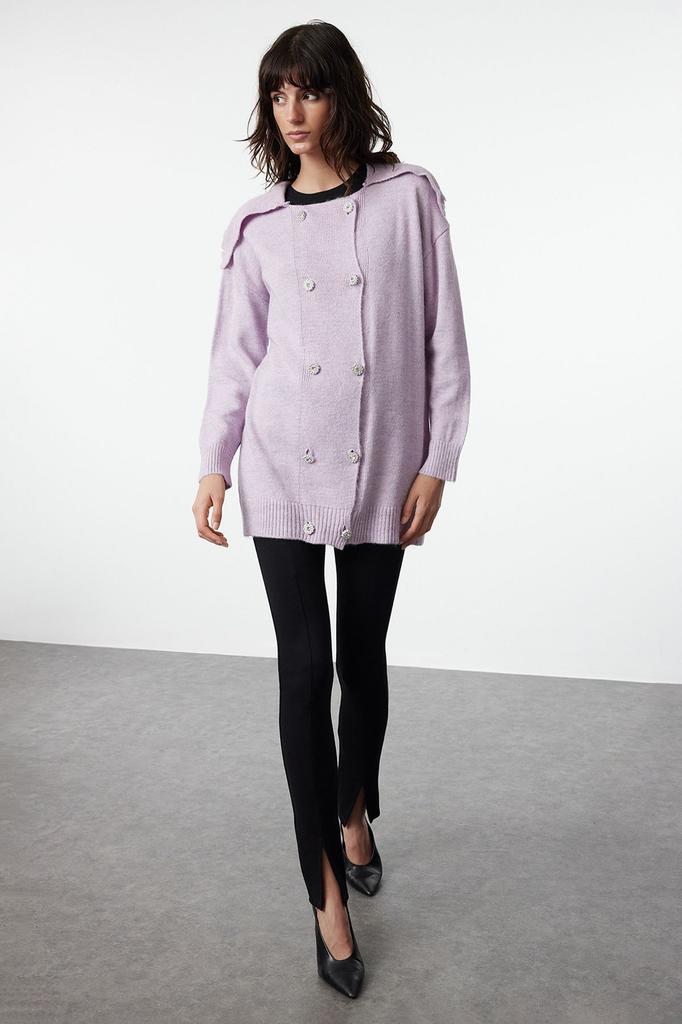 Женский модный стильный кардиган в стиле хиджаб, сиреневый мягкий текстурированный вязаный кардиган на пуговицах с камнями