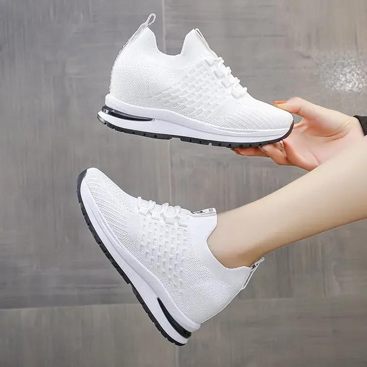 Women's Shoes with Round Toe Tie Up Thick Soles Elevated Fashion Shoes Casual Oversized Breathable Mesh Fly Knit Sports Shoes