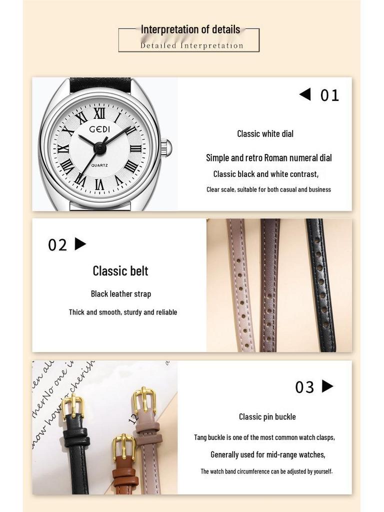 Gedi Petite Korean Style Women's Roman Vintage Minimalist Quartz Wristwatch