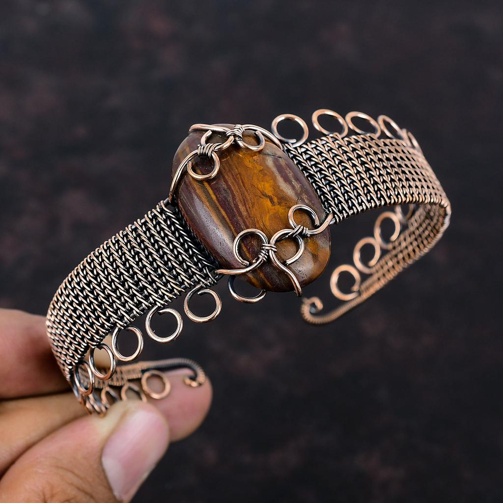 Red Snakeskin Jasper Cuff Bracelet Copper Wire Wrapped Jewelry Adjustable Bangle Handmade Copper Wire Wrap Bangle Gemstone Bracelet For Gift