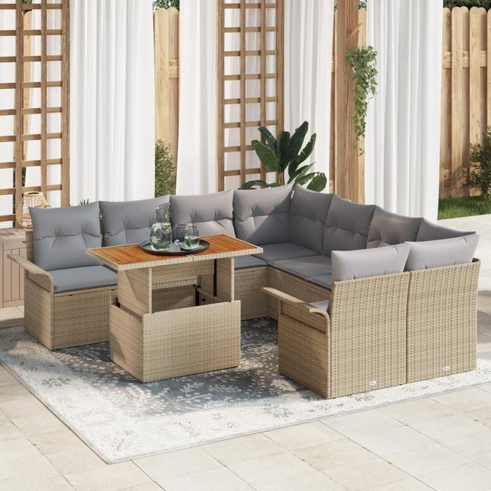 Ensemble de Canapé de Jardin 9 Pièces avec Coussins en Rotin Poly Beige, Canapé de Jardin 2 Places avec Rangement & Coussins 3358051
