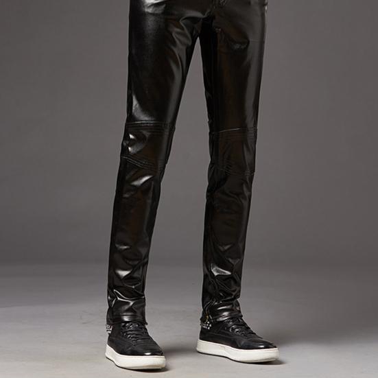 Мужские брюки-карандаш, яркая поверхность, однотонные, застежка-молния, средняя посадка, брюки из искусственной кожи, облегающие, мотоциклетные брюки, уличная одежда