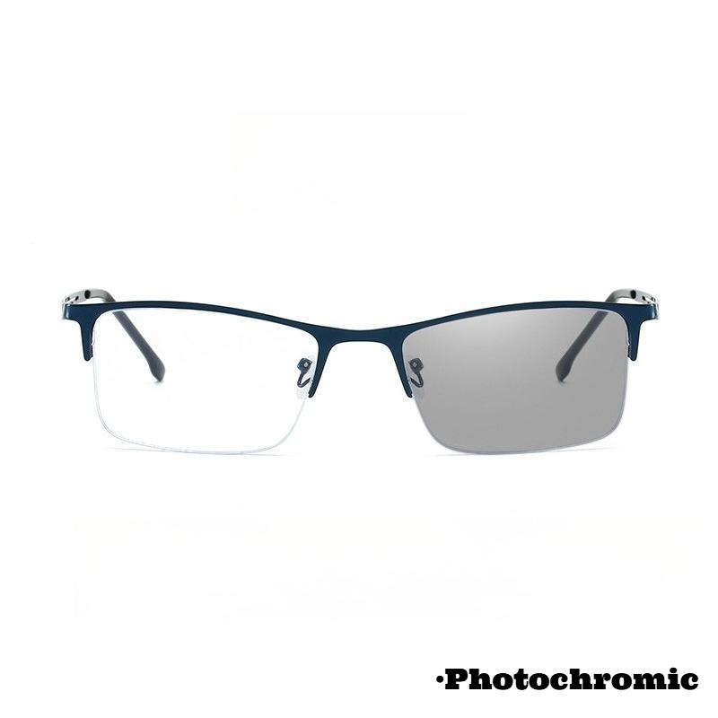 Unisex Classic Square Retro Half Frame Photochromic Myopia Glasses Versatile Hollowed-Out Glasses-Leg Lightweight Eyeglasses