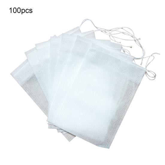 100 шт., одноразовые чайные пакетики с тонкой сеткой и застежкой на шнурке, чайный фильтр-мешок для листового чая и кофе