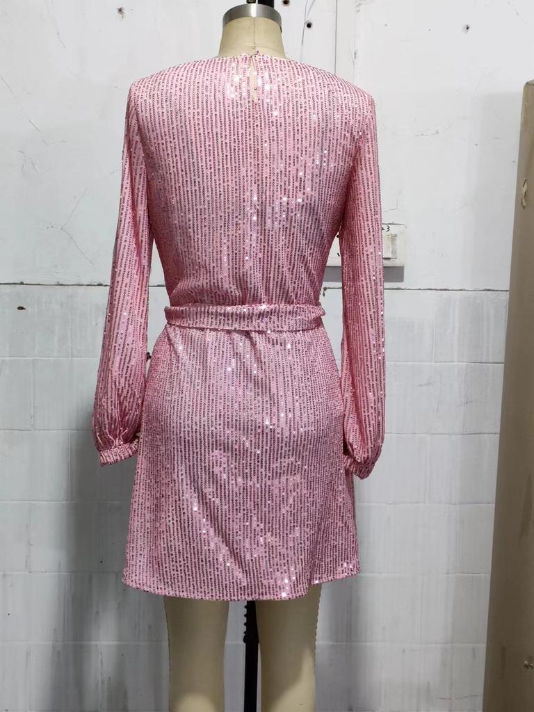 Женское платье с блестящими пайетками, круглым вырезом и длинными рукавами, на шнуровке, с узкой талией, сверкающее мягкое мини-платье длиной выше колена для клубной вечеринки